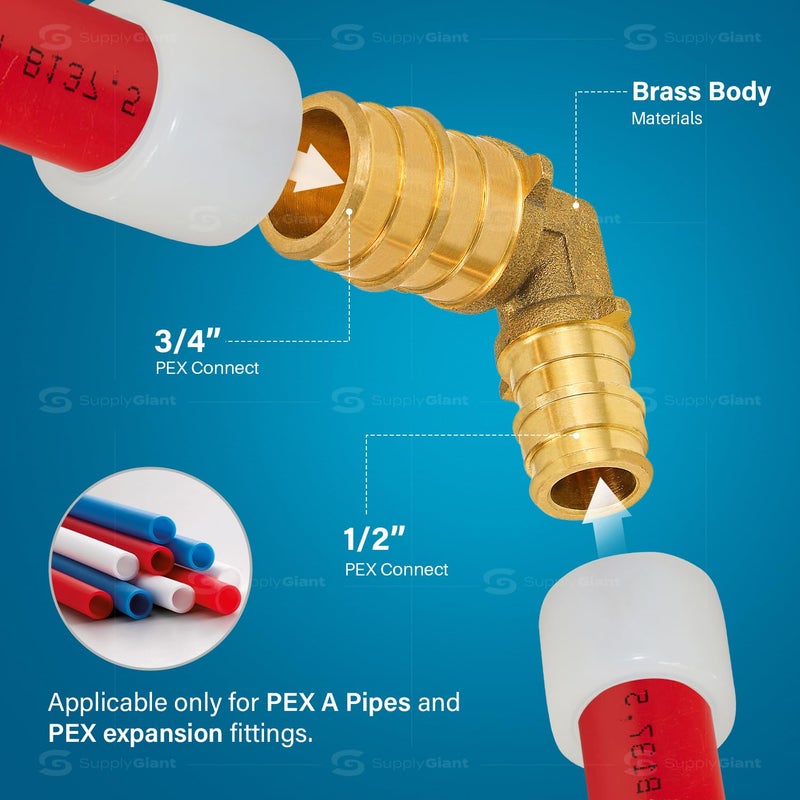 Supply Giant 3/4 Inch x 1/2 Inch 90 Degree Reducing Elbow Pex Fitting, 3/4" x 1/2" Expansion Pex-A Elbow Brass No Lead Brass, For Use in Pex-A-Tubing Connection (Pack of 5) - Image 4